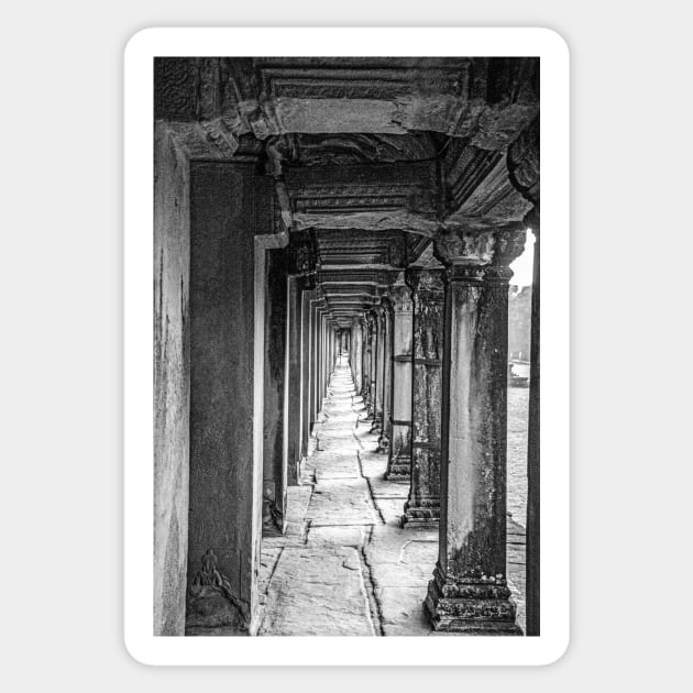 Pillars Along The Gallery, Angkor Wat - BW Sticker by BrianPShaw